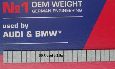 Preview: 50x 2,5g Klebegewichte Hofmann Typ 359 OEM Zink silber 15x5mm Audi+BMW